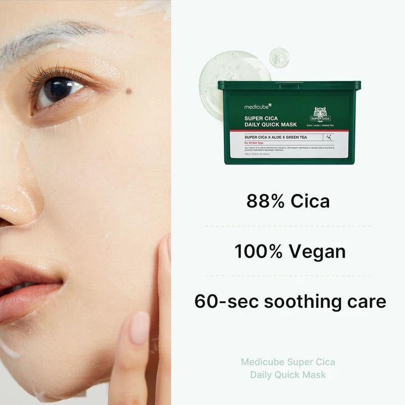 Medicube Super Cica Daily Quick Facial Masks (30 Sheets) - 60-Second Soothing & Hydrating Facial Mask with 88% Cica, Instant Cooling & Moisturization - 100% Vegan Certified, Korean Skincare