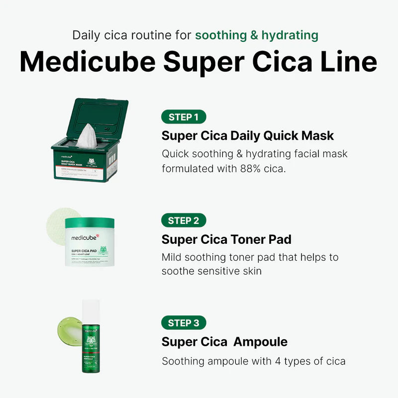 Medicube Super Cica Daily Quick Facial Masks (30 Sheets) - 60-Second Soothing & Hydrating Facial Mask with 88% Cica, Instant Cooling & Moisturization - 100% Vegan Certified, Korean Skincare