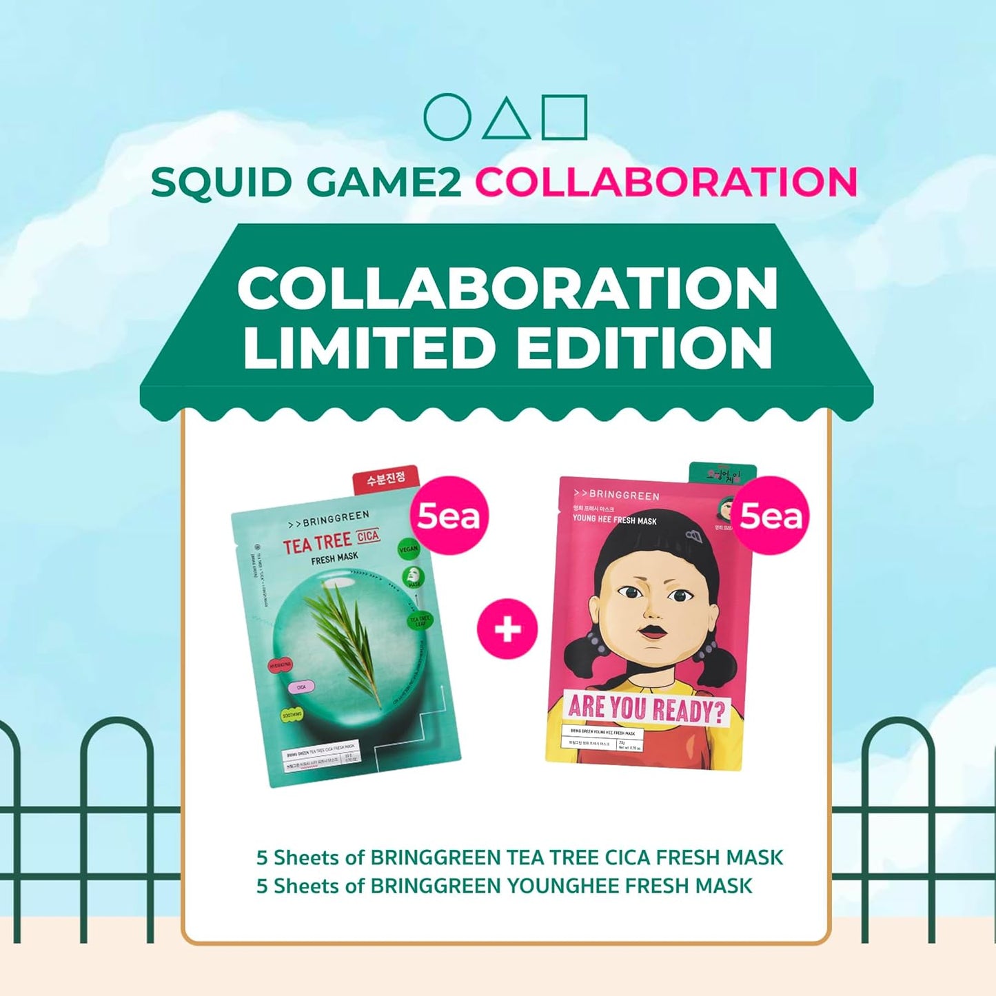 BRING GREEN Squid Game Fresh Mask Sheet (Teatree Cica+Young Hee) 10ea