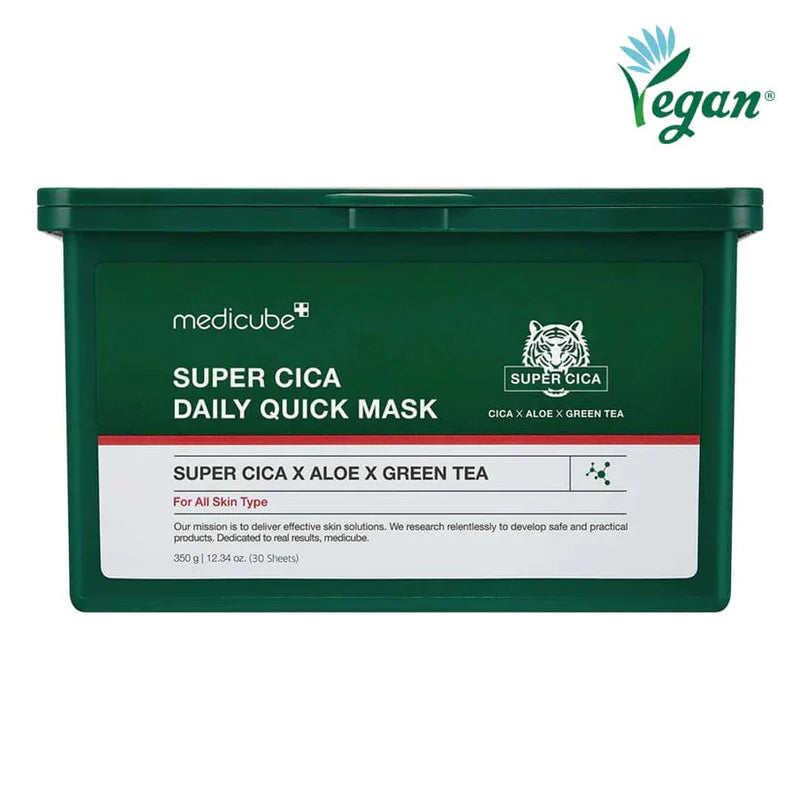 Medicube Super Cica Daily Quick Facial Masks (30 Sheets) - 60-Second Soothing & Hydrating Facial Mask with 88% Cica, Instant Cooling & Moisturization - 100% Vegan Certified, Korean Skincare